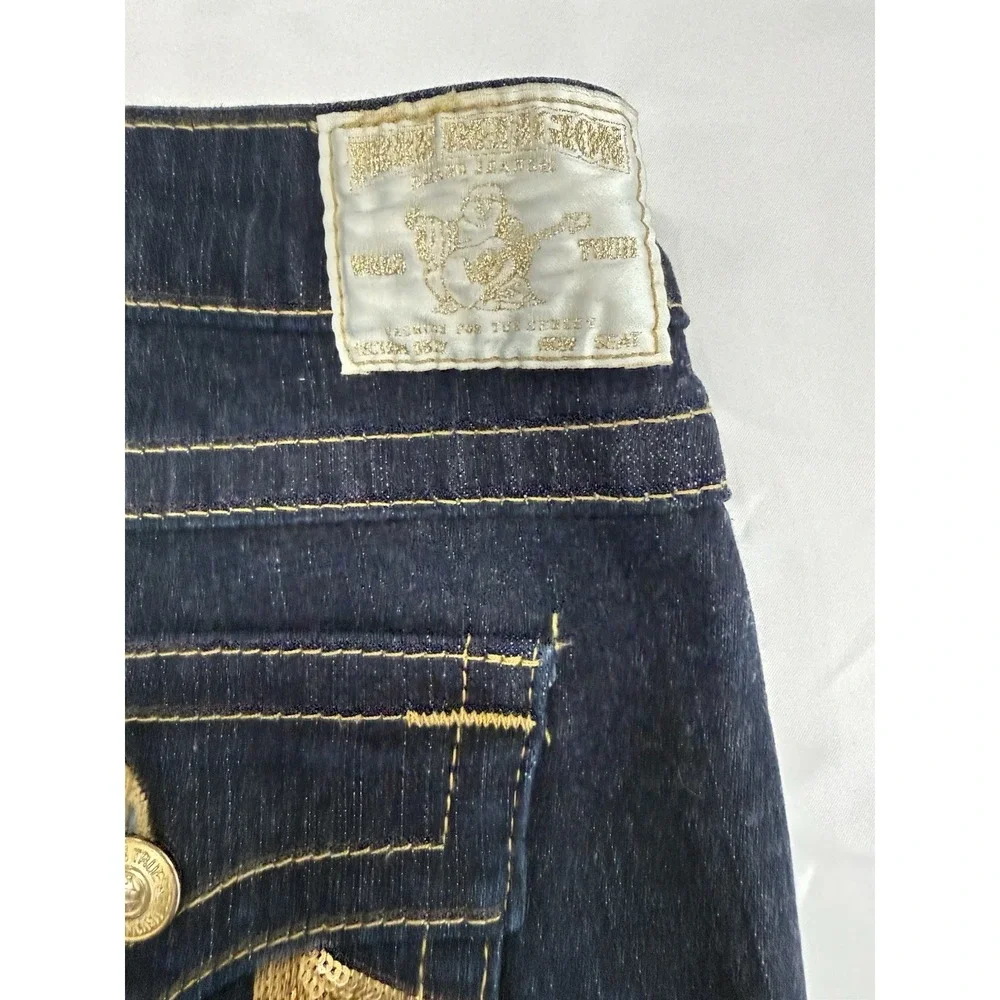 Women's True Religion High-Rise Bootcut Dark Wash Flap Pocket Thick Stitch Sz 32